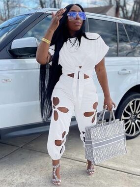 Women’s White Cutout Tie-Front Jumpsuit
